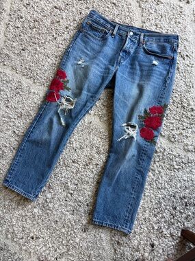 Embroidered Levi 501s Blue Straight-Leg Jeans with Red Rose from Anthropologie
